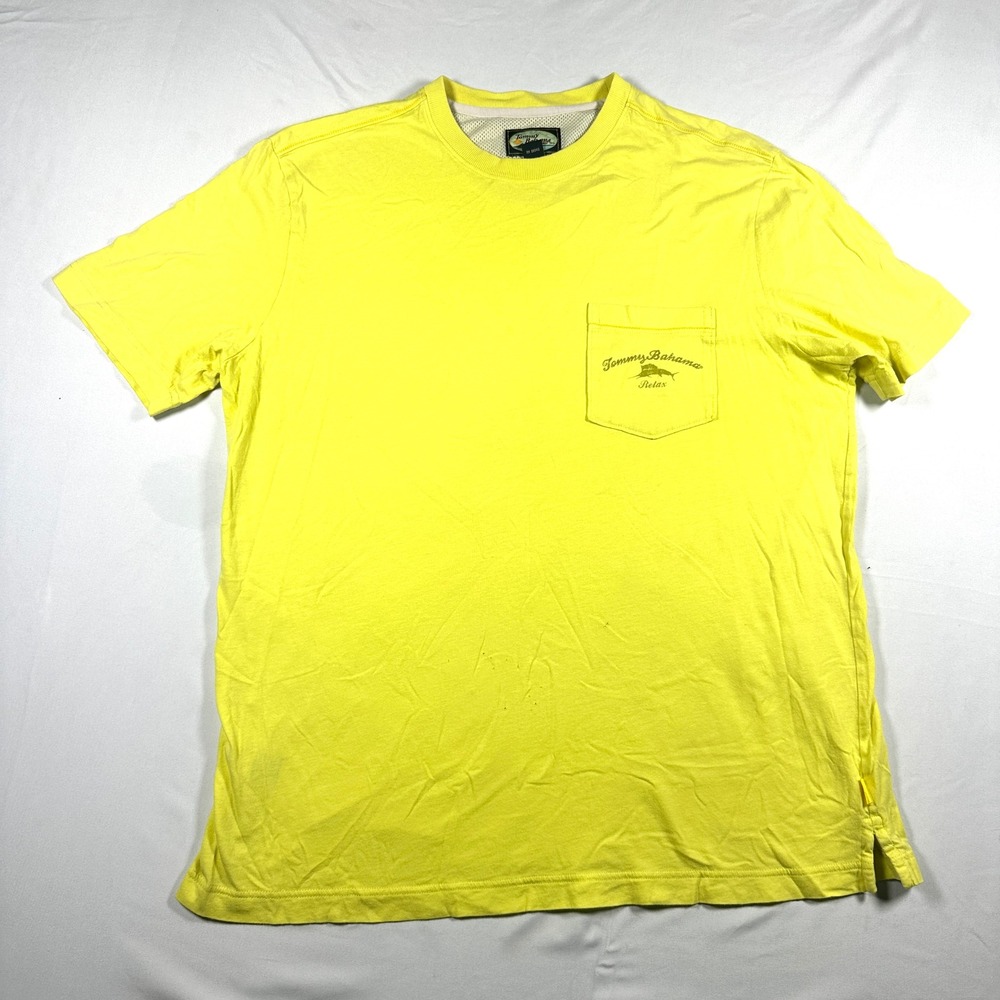 Tommy Bahama Relax Mens Yellow Cotton Pocket T-Shirt Marlin Logo Size M
